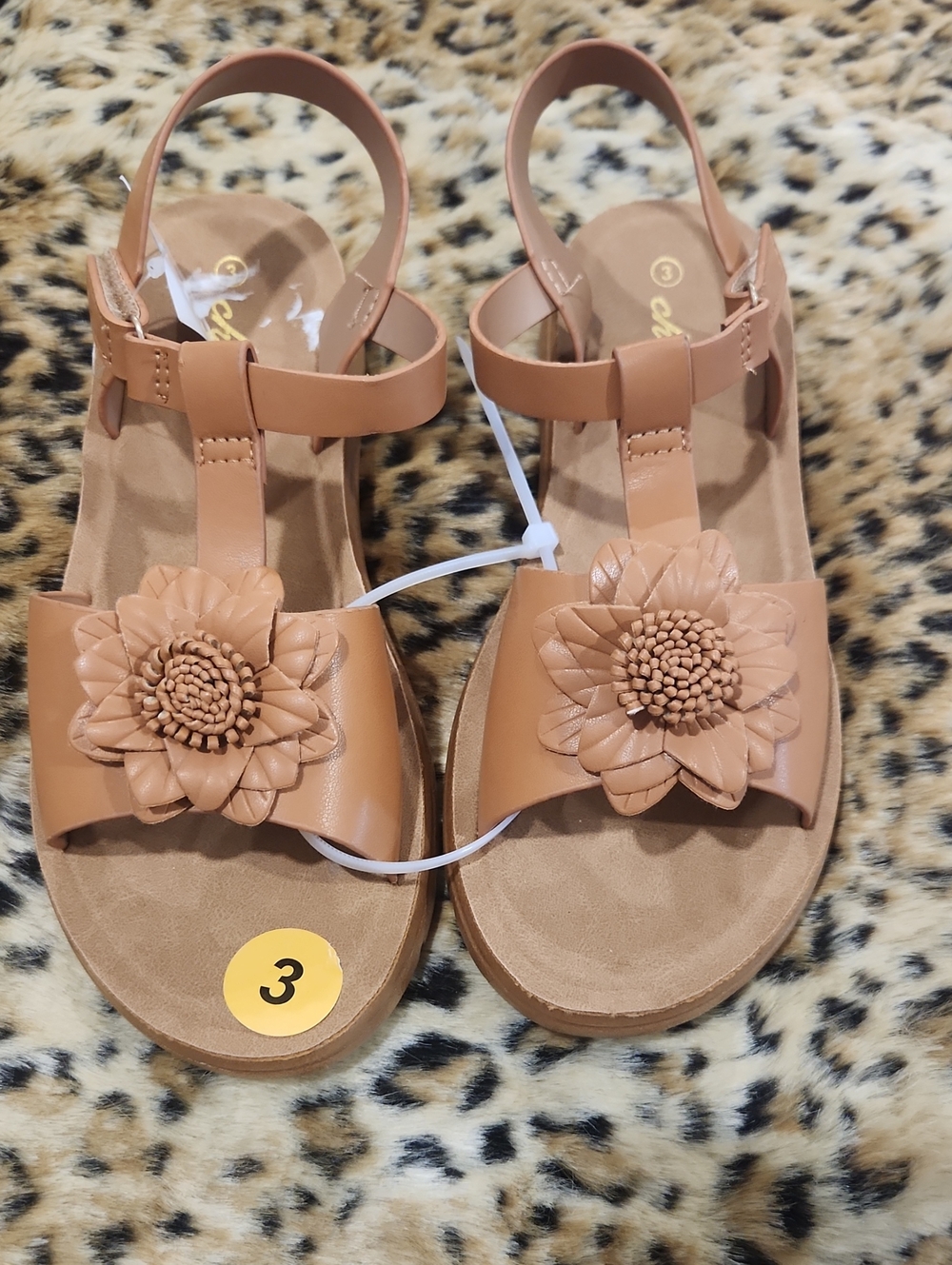 Girls Tan Floral T-Strap Sandals